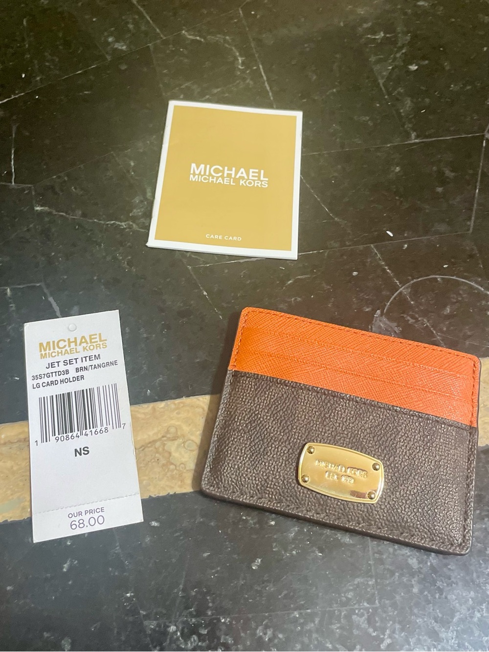 Michael Kors Orange and Brown Leather Card Holder with Gold Plate